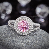 Double Halo 925 Sterling Silver Wedding Engagement Ring 1.25 Ct Fancy Pink Created Diamond Promise Anniversary XFR8252